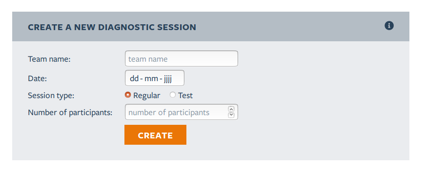 Screenshot: 'Create a new diagnostic session' heading, fields for team name, date, session type (regular or test) and a drop-down for the number of participants. The call to action button is 'Create'