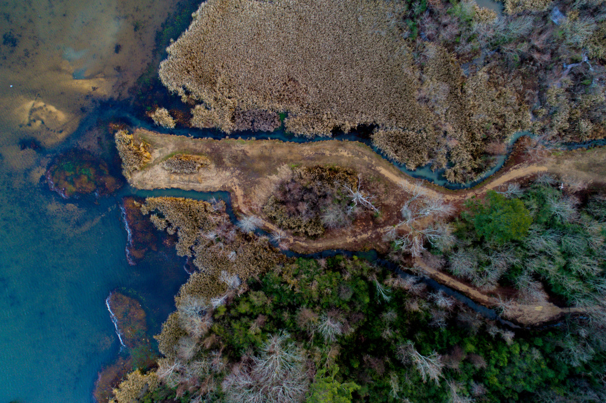 aerial view of land - River estuary drone view